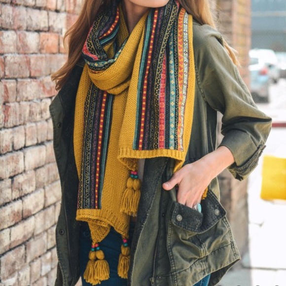 1 LEFT🌿Boho Mustard Tassel Braided Chunky Scarf - Picture 3 of 6